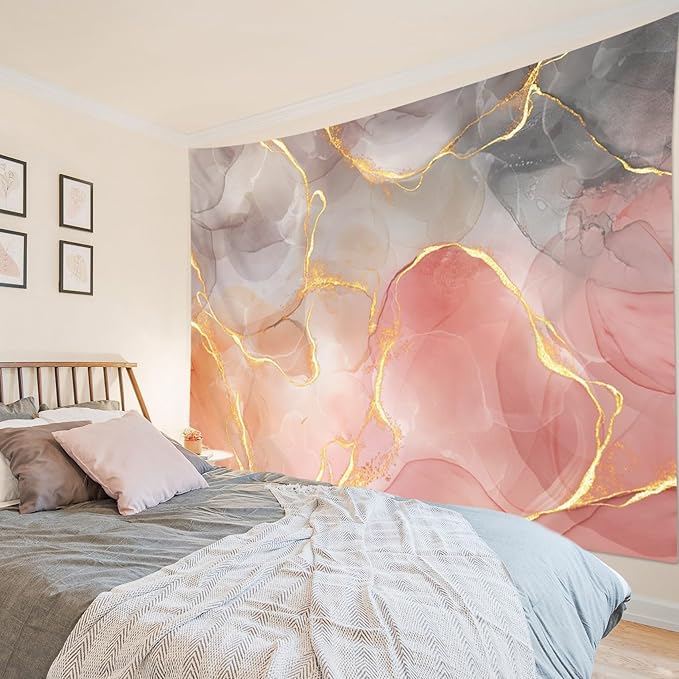 LB Pink and Grey Marble Tapestry Gold Striped Luxury Geometric Wall Hanging Tapestry for Bedroom Abstract Textured Tapestries Backdrop Wall Art Decor for Living Room College Dorm,78Wx60H inch