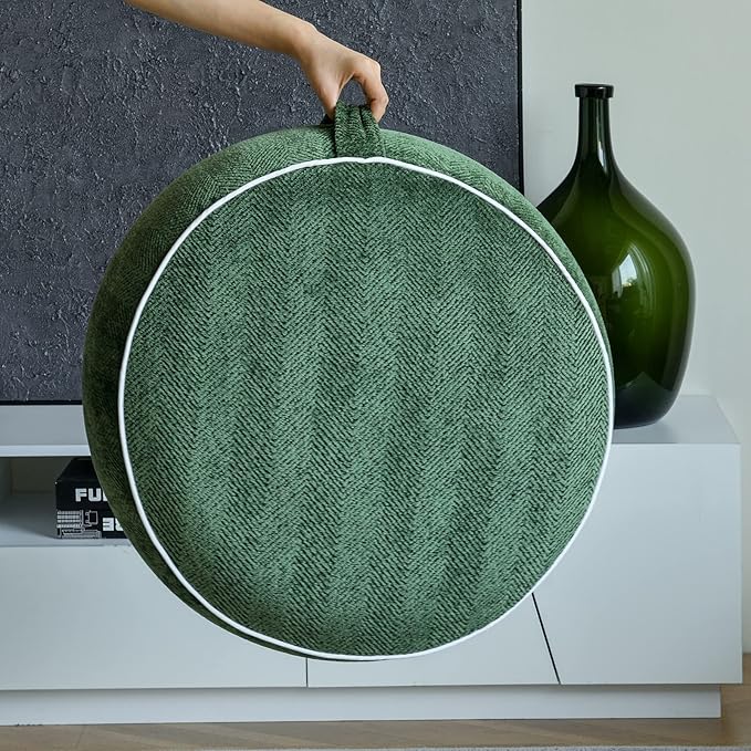 Inflatable Pouf Ottoman, 21x10 Inches Stuffed Chenille Ottoman with Inflatable PVC Liner, Foot Rest with Portable Handle, Round Floor Pillow for Living Room, Bedroom, Kids Room