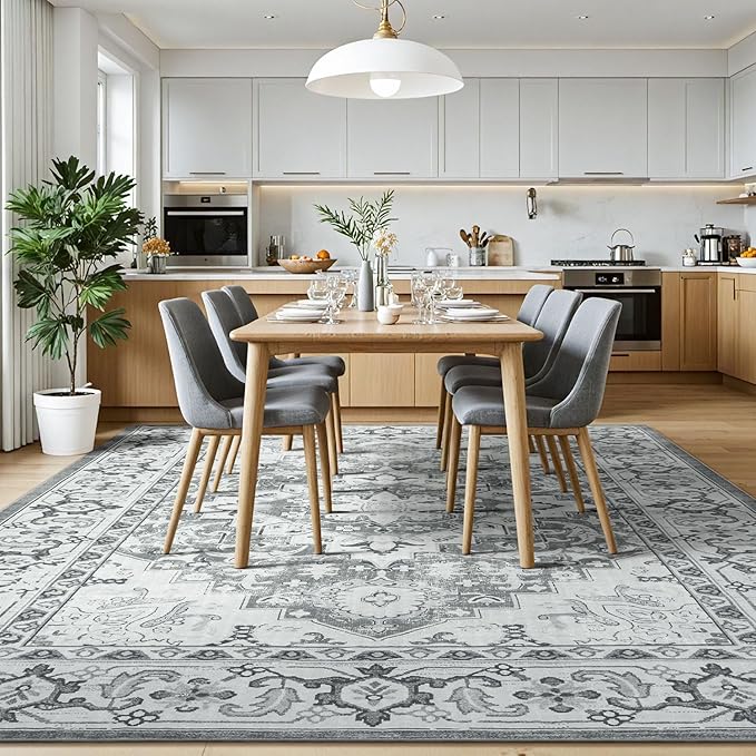 Lessymo Area Rugs 9x12 Living Room- Large Area Rug Machine Washable Area Rug for Bedroom Living Room, Vintage Rugs Boho Floral Medallion, Non-Slip Rubber, Low Pile, Kid & Pet Friendly, Grey White
