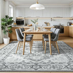 Lessymo Washable Area Rugs 6x9- Boho Area Rug Low Pile for Bedroom Living Room Kitchen, Ultra-Soft Faux Wool Vintage Area Rug with Non-Slip Rubber, Kid & Pet Friendly, Grey Cream White