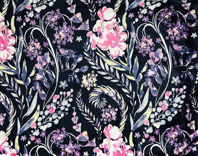Floral Fleece Throw Blanket: Flowers Velvety Soft Vibrant Botanical Accent for Couch or Bed, Colors: Dark Navy Blue Pink Purple Yellow Green White, Oversized 50" x 70"