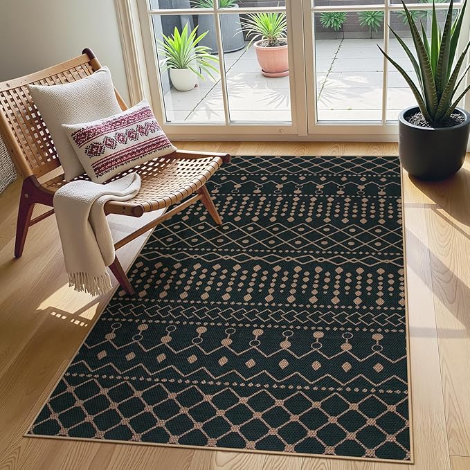 Lahome Moroccan Easy Jute Entryway Rug, 3x5 Black and White Rug for Living Room, Non-Slip Washable Small Area Rugs, Modern Geometric Indoor Outdoor Carpet for Kitchen Porch Patio