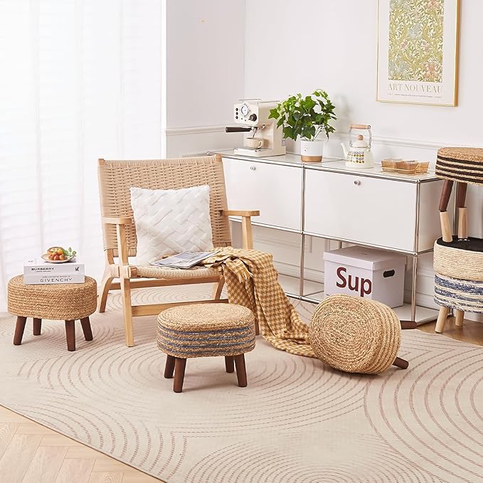 Cpintltr Round Ottoman Natural Seagrass Footstool Hand Weave Water Hyacinth Poufs Eco Friendly Sofa Foot Stool Soft Step Stool Padded Foot Rest with Pine Legs for Living Room (Black and Solid)
