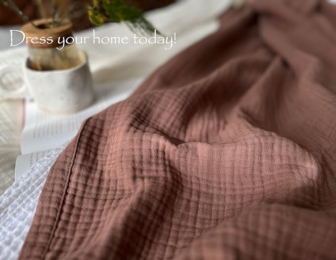 KyraHome 100% Cotton Throw Blankets, 90"x104" King Size, Organic Cotton Pre-Washed, Lightweight Gauze Fall Throw Blankets, Layering Muslin Blankets Bed Coverlet, All Season, (Brown)