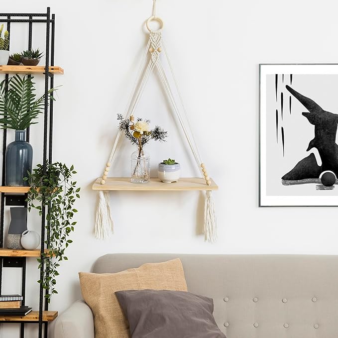 HVEST Macrame Wall Hanging Shelf Boho Wall Decor Floating Storage Book Shelf Beige Handmade Woven Tapestry for Bedroom Living Room Dorm Nursery Bathroom Wall Art Macrame Plant Hanger