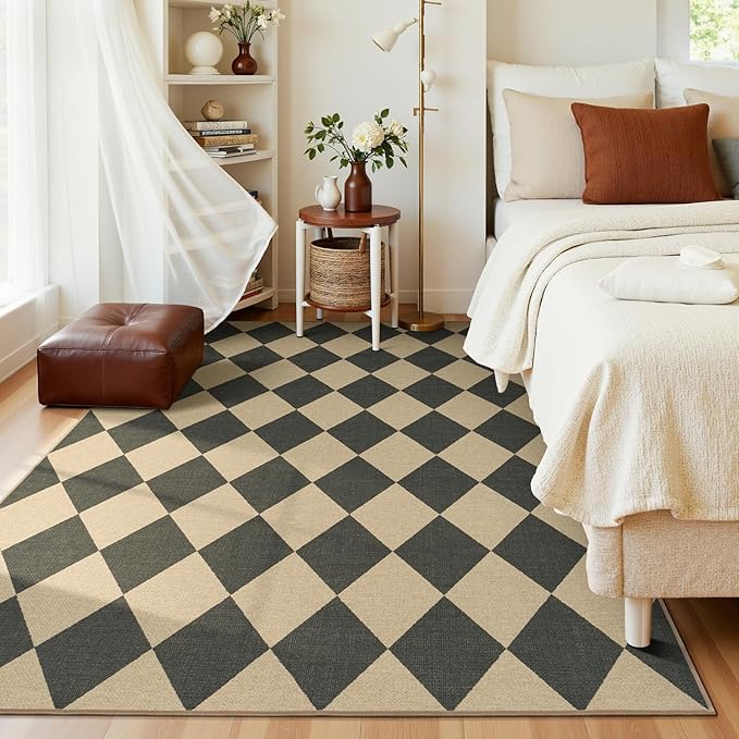 Lessymo Checkered Easy Jute 5x7 Area Rugs, Washable Patio Rug for Living Room Farmhouse Indoor Outdoor Carpet, Geometric Non Slip Black Carpet for Bedroom Backyard Dining Room, Diamond Black/Beige