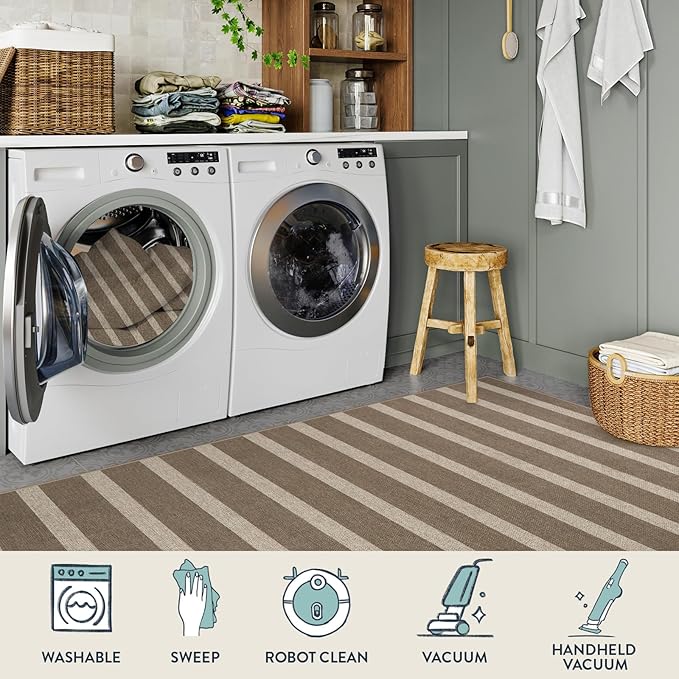 Lahome Elance Striped Easy Jute Rug, 5x7 Dining Room Office Rug Washable Outdoor Patio Rug, Farmhouse Neutral Non Slip Stain Resistance Indoor Outdoor Carpet for Deck Classroom, Khaki