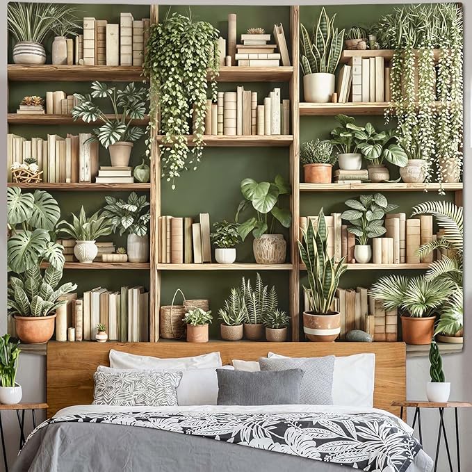 Accnicc Green Plant Bookshelf Tapestry Botanical Bookshelf Tapestries Wall Hanging Modern Potted Plants Bookshelf Backdrop Extra Large Tapestry for Bedroom Living Room Dorm 90 x 68 inch
