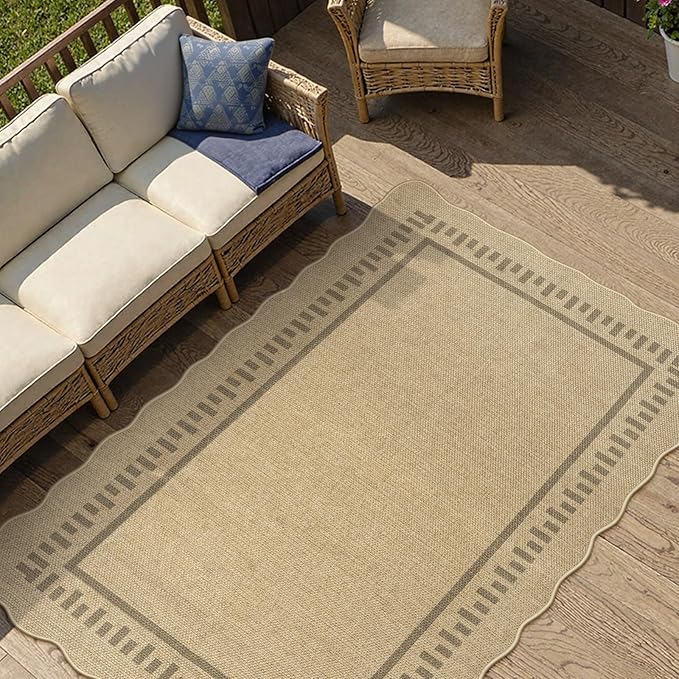 LIVEBOX Scalloped Washable 3x5 Outdoor Rug, Easy Jute Tan Rugs for Entryway Bedroom, Indoor Outdoor Non Slip Farmhouse Rugs for Patio Living Room, Geometric Carpet Front Door Mat for Porch Kitchen