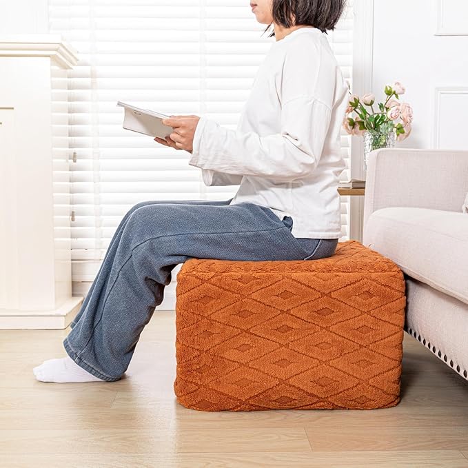 Fluffy Square Ottoman Pouf with All-in-One Foam Filling 20 x 14 Inches Furry Ottoman Foot Rest Foot Stool for Living Room or Bedroom (Orange)