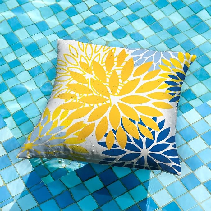 DFXSZ Yellow Blue Flower Pillow Covers 22x22 Inch Set of 2 White Gray Colored Throw Pillows Outdoor Waterproof Decor for Living Room Sofa Patio Funiture Garden Floral Polyester Pillow Covers 002J22