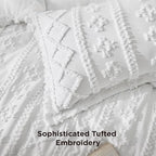 Bedsure Tufted Boho Comforter Set Queen Size - Bright White Boho Bed Set, GentleSoft™ 3 Pieces Farmhouse Shabby Chic Embroidery Bedding, Gifts for Woman, Soft Jacquard Queen Comforter for All Seasons