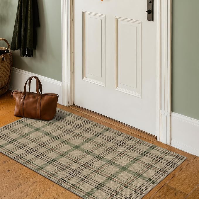 JTJ 2x4 Runner Rug for Bathroom - Small Entry Runner Indoor Door Mat, Non Slip Farmhouse Decor for Kitchen Floor Non Slip Washable, Easy Jute Sage Plaid Decor
