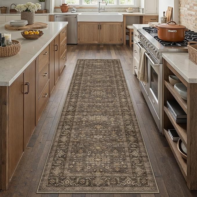 2'6x10 Washable Runner Rug for Hallway Kitchen Vintage Brown Non Slip Low Pile Carpet Traditional Retro Soft Throw Rug for Bathroom Bedroom Entryway Indoor Entrance