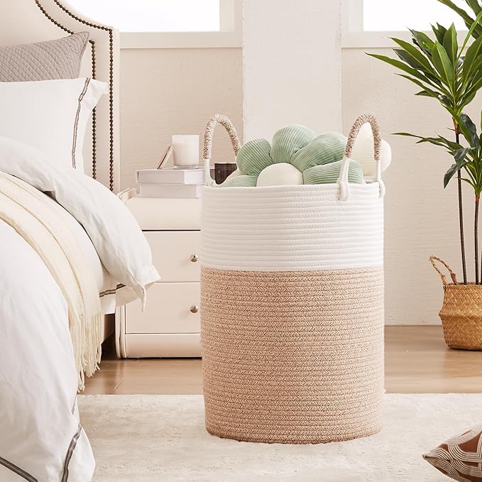 80L Large Hamper Laundry Basket Tall Woven Rope Clothes Hamper Blanket Basket in Living Room Bathroom Bedroom Brown 16"L x 16"W x 22"H
