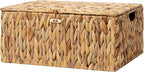 StorageWorks Extra Large Wicker Baskets with Lid for Organizing, Water Hyacinth Storage Baskets for Shelves, Decorative Box with Built-in Handles, Natural, 1 Pack