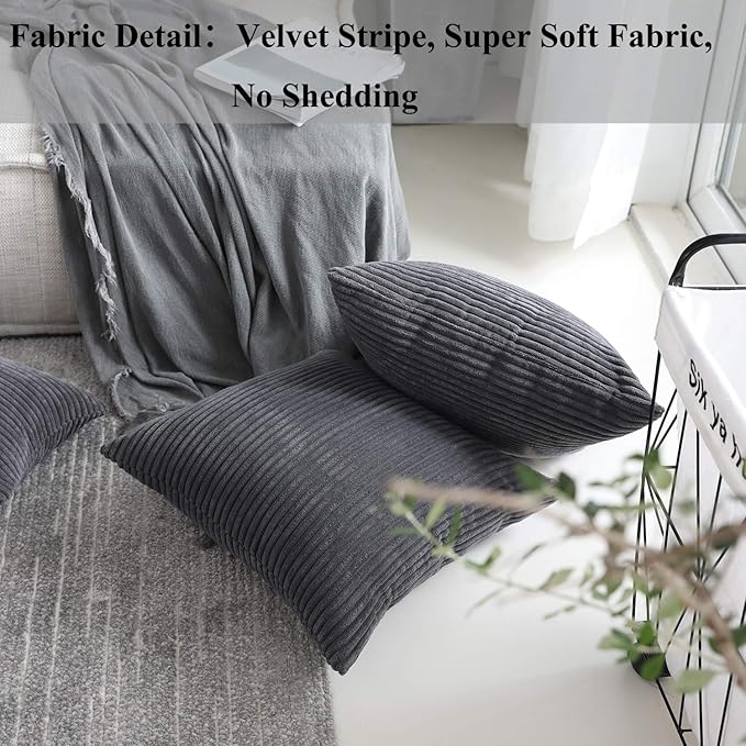 Home Brilliant 24x24 Pillow Covers Set of 2 Striped Corduroy Plush Velvet Large Euro Sham Set of 2 Cushion Cover for Bedroom, 24 x 24 inch, Dark Grey