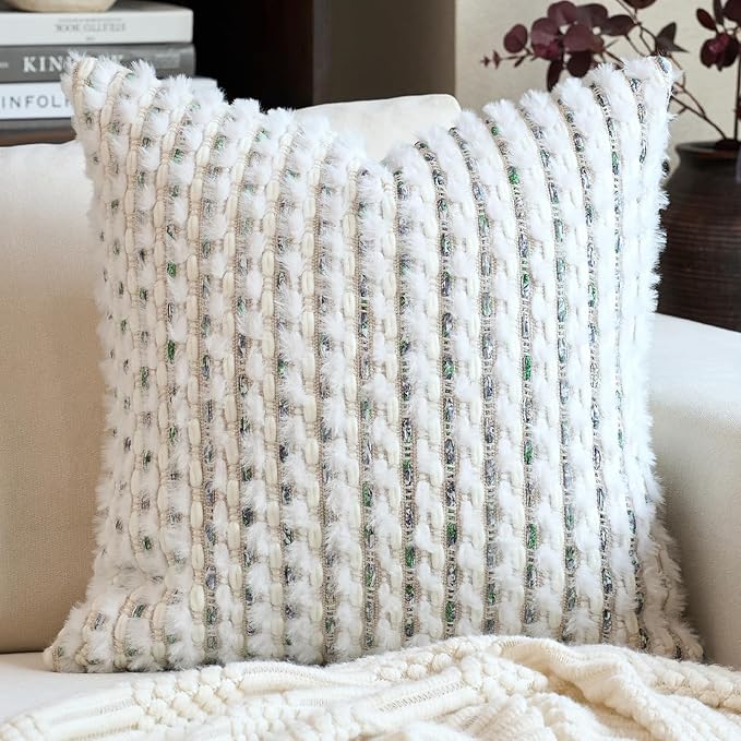 Aeckself Handmade Boho Chenille Tufted Pillow Cover 20x20 Inch, Decorative Square Throw Pillow Cover Neutral Pillowcase for Couch Bedroom Living Room, Green White