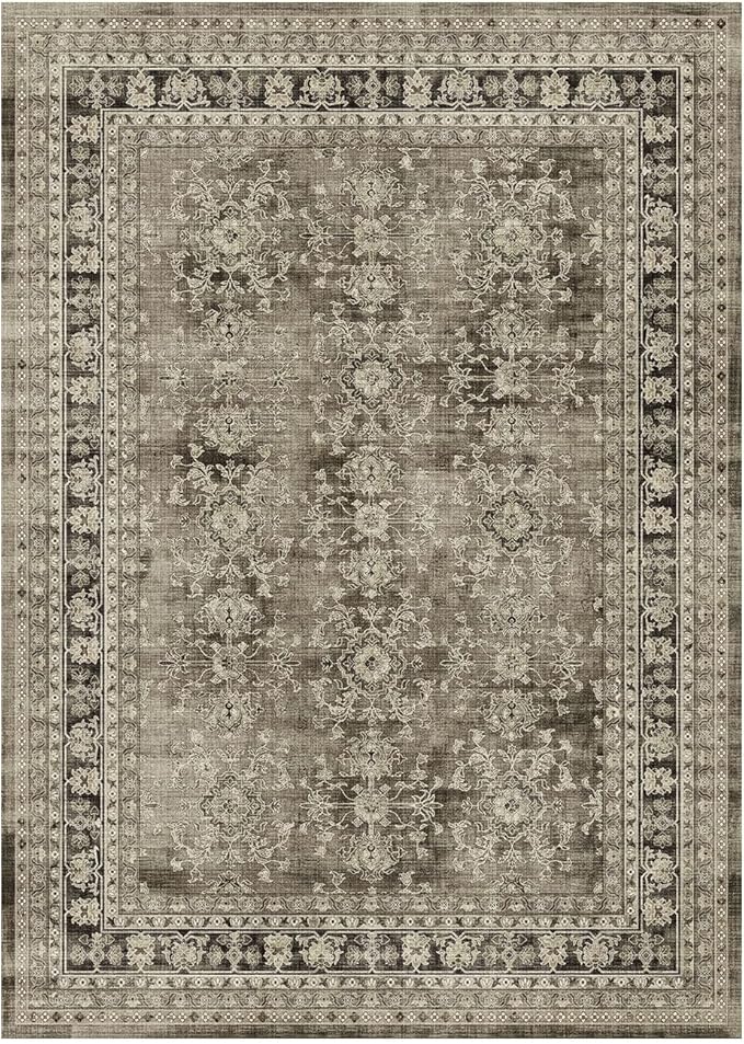 Lessymo 5x7 Area Rugs for Living Room, Machine Washable Non Slip Rug, Soft Low Pile Carpet for Bedroom Dining Home Office, Vintage Brown Distressed Floral Floor Mat
