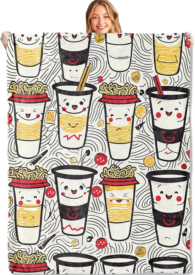 Cute Noodle Ramen Cup Throw Blanket - 40x50in,Ultra Soft, Cozy Lightweight Flannel,Japanese Cuisine Smiling Face Blankets - Gifts for Kids & Food Lovers,for Couch Home Living Room Decor