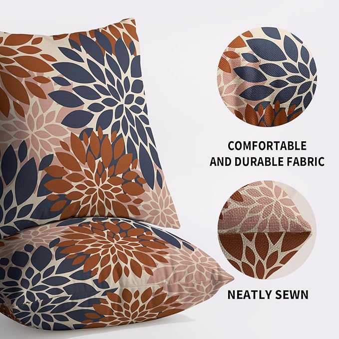 Navy Blue Burnt Orange Pink Pillow Covers 18X18 Inch Set of 2, Modern Dahlia Floral Print Decorative Throw Pillow Covers Outdoor Fall Farmhouse Cushion Case for Home Couch Sofa Bed Decoration