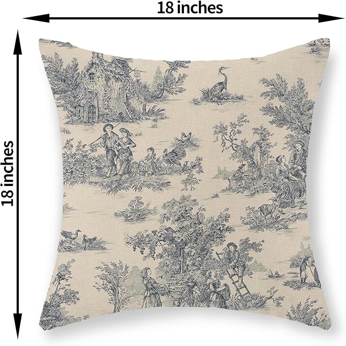 Blue Toile Pillow Covers 18x18 Inch Set of 2 Vintage French Country Throw Pillows Outdoor French Country Decorative Pillow Cases Rustic Linen Decor Farmhouse Cushion Case for Couch Bedroom
