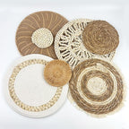 CODOHI Set of 7 Boho Wall Baskets, Wall Hanging Rattan Decor, Flat Round Woven Water Hyacinth Corn Husk Farmhouse Handmade Macrame Hanging Woven Baskets for Living Room Bedroom Dining Room Office