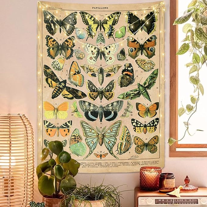 Vintage Butterfly Tapestry 48” x 36”, Long Vertical Wall Hanging Reference Illustrative Papillons Tapestries for Bedroom Aesthetic Butterfly Tapistry Cute Vertical Tapestry Wall Hanging Bedroom Decor