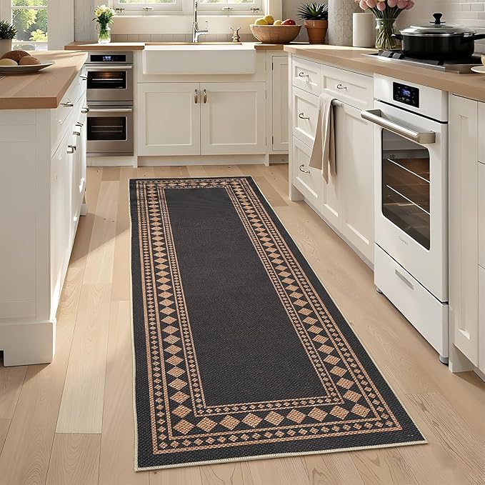 GarveeHome Jute Runner Rug 2x6 Washable Easy Jute Rug Non-Slip, Modern Bordered Indoor Outdoor Floor Mats, Easy Cleaning Geometric Neutarl Rugs for Kitchen Bedroom Balcony Entryway Porch, Black Brown