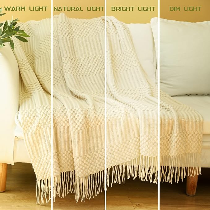 Blagic Knitted Throw Blanket for Couch, Bed and Sofa. Super Soft Blanket with Tassels, Beige Throw Blanket, 60 x 80Inches Lightweight & Cosy Home Decor