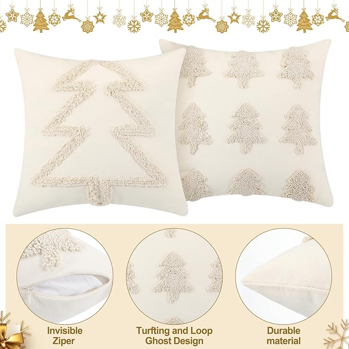 2 Pcs Beige Christmas Pillow Covers 18 x 18 Inch Decorative Boho Farmhouse Pillowcase White Tufted Tree Christmas Pillow Cases for Couch Sofa Holiday Bedroom Living Room Home Present