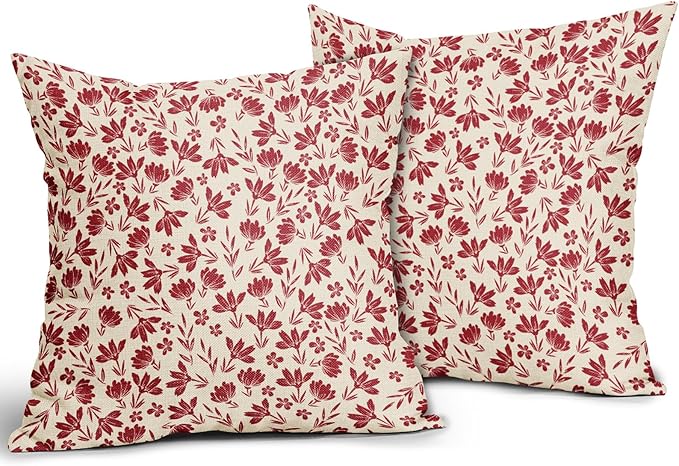 Red Floral Pillow Covers 20x20 Set of 2 Vintage Rustic Old Style Cute Small Flower Red Cream Print Decorative Outdoor Pillowcases Farmhouse Throw Cushion Case Decor for Couch Sofa Bed