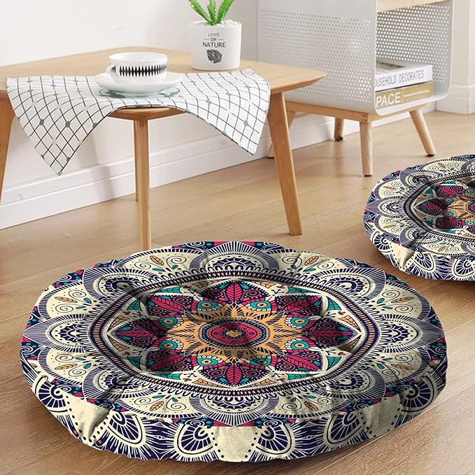 Mandala Meditation Cushion, Boho Meditation Mat, Meditation Pillows for Sitting on Floor, Cushions for Sitting in Home and Outdoor, Round Floor Pillows Cushion Seating for Yoga Accessories 22'' X 22''