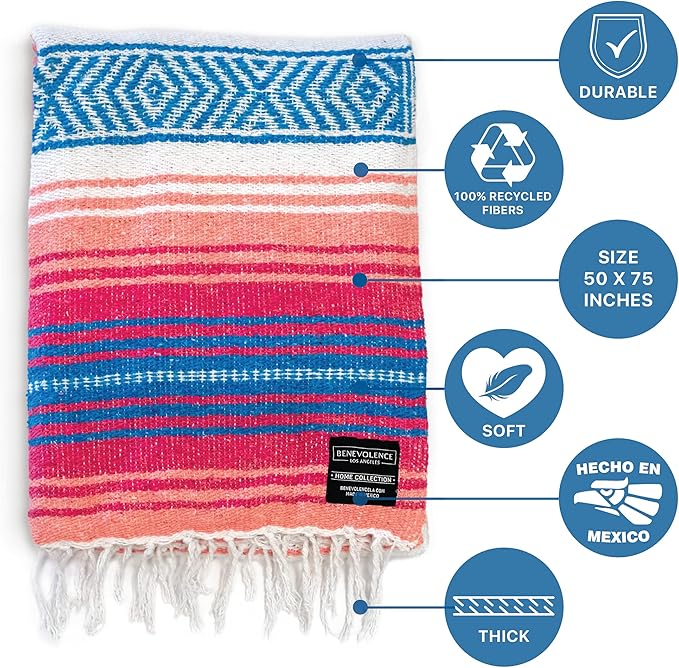 Benevolence LA Authentic Handwoven Mexican Blanket | Yoga Blankets, Outdoor, Picnic, Beach, Camping | Equestrian Saddle | Serape 50x70 inches - Coral, Pack of 1