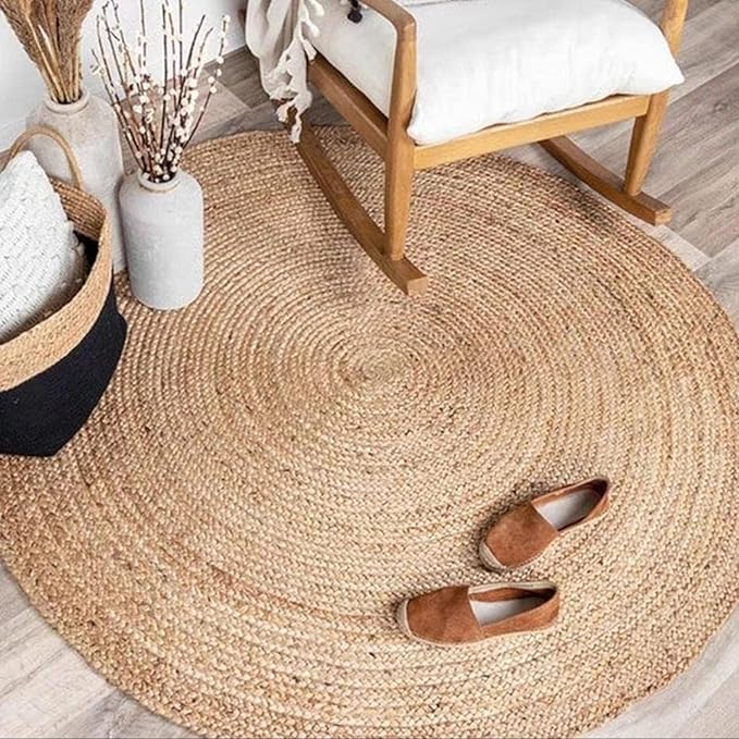 KEMA Natural 8ft Jute Braided Round Area Rug,Handmade Reversible Boho Farmhouse Rug, Rustic Vintage Handwoven Carpet for Living Room, Bedroom, Entryway & Kitchen