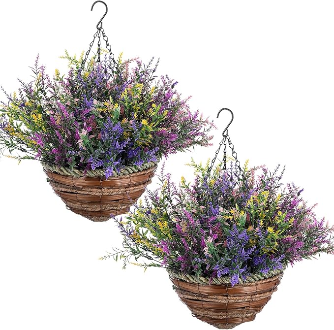 2 Sets Artificial Lavender Flowers with Hanging Basket for Outdoor Indoor Artificial Faux Hanging Flowers Plants Rattan Lining for Porch Garden Yard Spring Summer Decor(Colorful)
