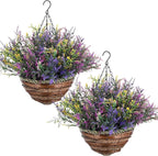 2 Sets Artificial Lavender Flowers with Hanging Basket for Outdoor Indoor Artificial Faux Hanging Flowers Plants Rattan Lining for Porch Garden Yard Spring Summer Decor(Colorful)