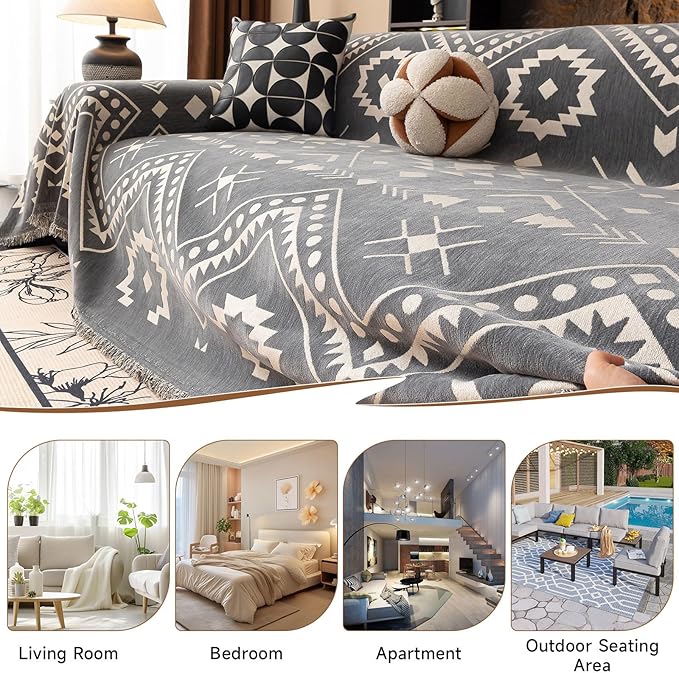 VClife Bohemian Tribal Sofa Cover Gray White Aztec Geometric Pattern Couch Cover for 3-4 Cushion Couch Sofa - Non Slip Sectional Slipcover Decorative Furniture Protector for Home Decor 71" X 150"