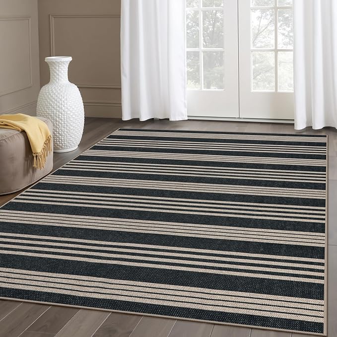 Lahome Elance Striped Easy Jute Outdoor Patio Rug, Washable 5x7 Area Rugs for Living Room Office Indoor Outdoor Carpet, Farmhouse Non Shedding Stain Resistance Carpet for Dining Room Backyard Deck