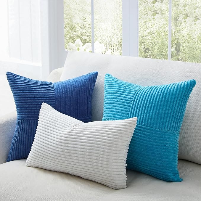Topfinel LightBlue Decorative Throw Pillow Covers,18x18 Blue Pillow Covers Set of 4 with Striped Corduroy,Boho Soft Accent Navy BlueCushion Covers for Couch,Bed,Living Room Home Decor