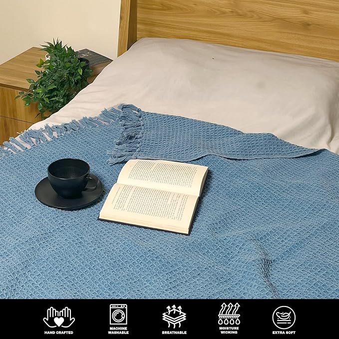 Chardin home Stonewash Blue Waffle Weave Throw, 50x60 Inch 100% Cotton- Large, Wearable, Breathable, Skin-Friendly & Cozy Everyday use Blanket for Couch, Bed, Sofa - Soft & Lightweight Picnic Rug