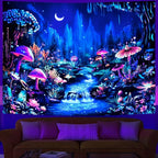 Heopapin Blacklight Tapestry Fantasy Moonlight Mountain Forest Landscape Tapestry UV Reactive Trippy Mushroom Flower Tapestries Mysterious Jungle Neon Plants Wall Hanging for Room L92×W70