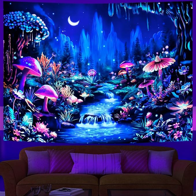 Heopapin Blacklight Tapestry Fantasy Moonlight Mountain Forest Landscape Tapestry UV Reactive Trippy Mushroom Flower Tapestries Mysterious Jungle Neon Plants Wall Hanging for Room L92×W70