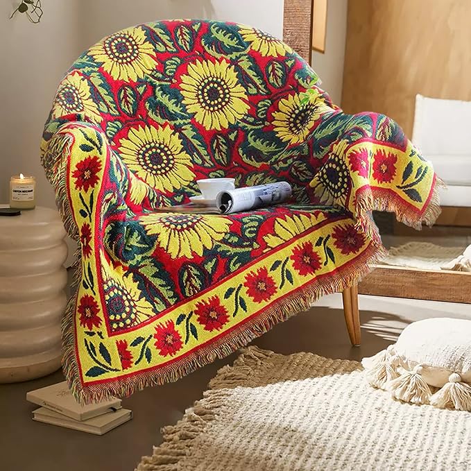 Red Sunflower Throw Blanket with Fringe Boho Throw Blankets Recliner Chair Couch Sofa Cover Woven Reversible Cotton Bohemian Tapestry Hippie Room Home Decor Double Side 50"x70"