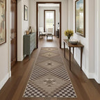 LIVEBOX Easy Jute Washable Runner Rug 2x10, Non Slip Brown Checkered Kitchen Rugs, Ultra Thin Farmhouse Runner Rugs for Hardwood Floor, Non Slip Long Hallway Rug 10 Ft