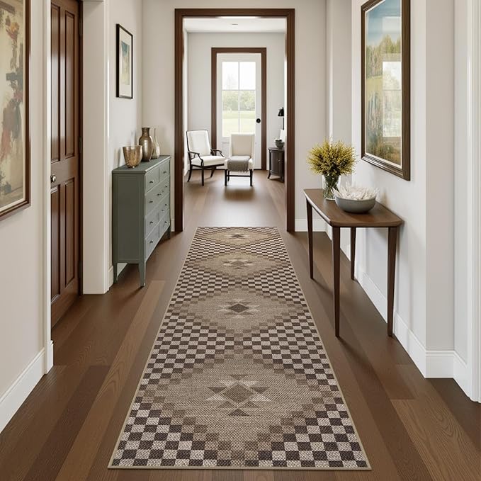 LIVEBOX Easy Jute Washable Runner Rug 2x10, Non Slip Brown Checkered Kitchen Rugs, Ultra Thin Farmhouse Runner Rugs for Hardwood Floor, Non Slip Long Hallway Rug 10 Ft