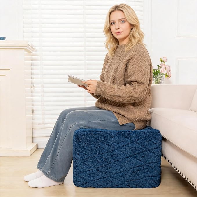Fluffy Square Ottoman Pouf with All-in-One Foam Filling 20 x 14 Inches Furry Ottoman Foot Rest Foot Stool for Living Room or Bedroom (Navy)