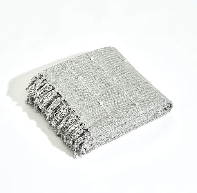 Lush Decor Boho Tufted Cotton Woven Tassel Fringe Throw Blanket Single 50" W x 60" L Light Gray - Gray Throw Blankets for Bed - Boho Couch Blankets