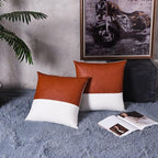 Tosewever Faux Leather/Cotton Throw Pillow Covers, Set of 2 Modern Country Farmhouse Decorative Luxury Boho Pillowcases for Bedroom Living Room Couch Bed Sofa Home Decor (Brown/White, 18" x 18")