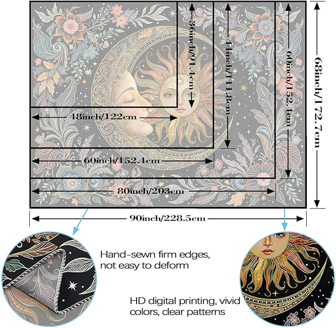 Fungarth Sun and Moon Tapestry Hippie Boho Floral Wall Tapestry for Bedroom Aesthetic Vintage Plant Celestial Spiritual Botanical Large Tapestries Wall Hanging for Living Room Dorm 80 x 60 Inch